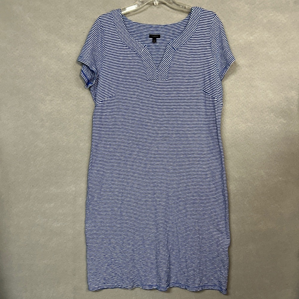 Talbots Women L T-Shirt Dress Blue White Striped V-Neck Cotton Casual Short Slv